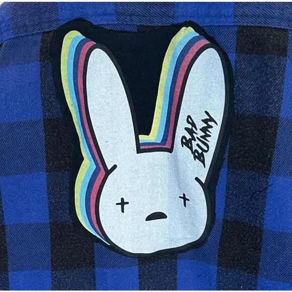 Bad Bunny Plaid Flannel Shirt Shacket LARGE Oversized Upcycled Unique Latin Trap - Picture 2 of 6